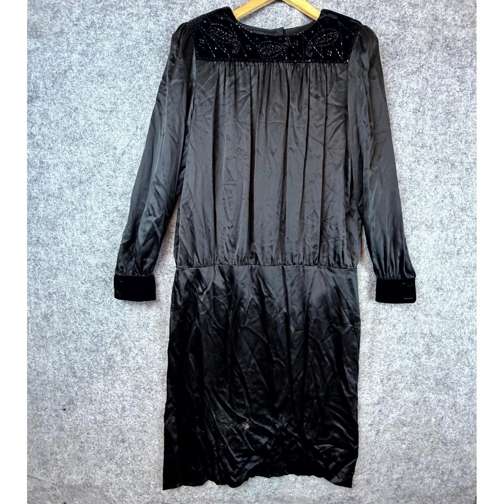 Vintage Levante Midi Dress 12‎ Black Silk Beaded 80s Goth Dark Prom Hoco Noir